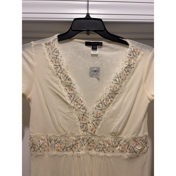 New Express Y2K Beaded Sequin Tunic Top 3/4 Sleeve Cream Casual Size Large Retro - Picture 2 of 6